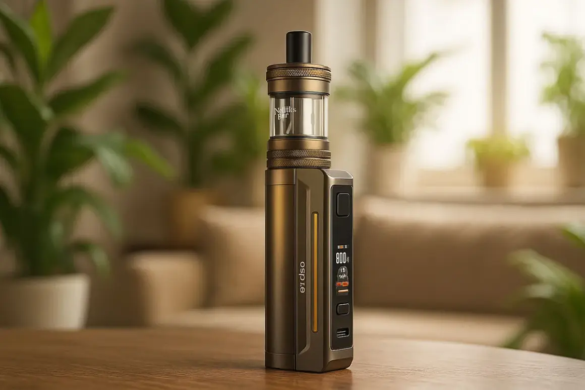 Une cigarette électronique dorée, prête pour la consommation, sur une table en bois. Des plantes vertes en arrière-plan.