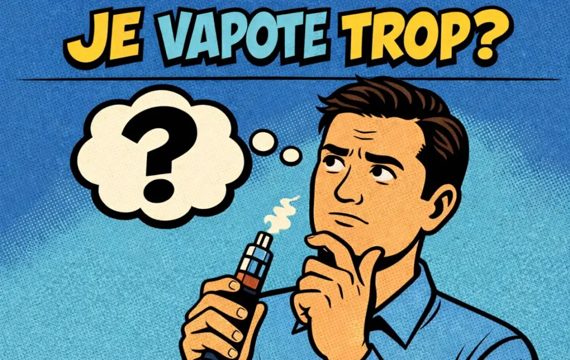Un homme réfléchit, tenant une cigarette électronique. Une bulle de pensée avec un point d'interrogation suggère : "Je vapote trop ?".