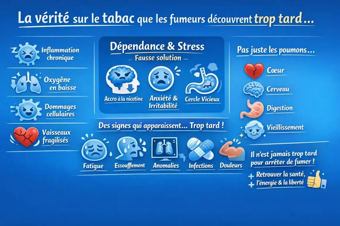 Effet négatif nicotine : inflammation, baisse d'oxygène, dommages cellulaires, cœur fragile, cerveau affecté, stress, anxiété, vieillissement. Arrêter de fumer est toujours possible.