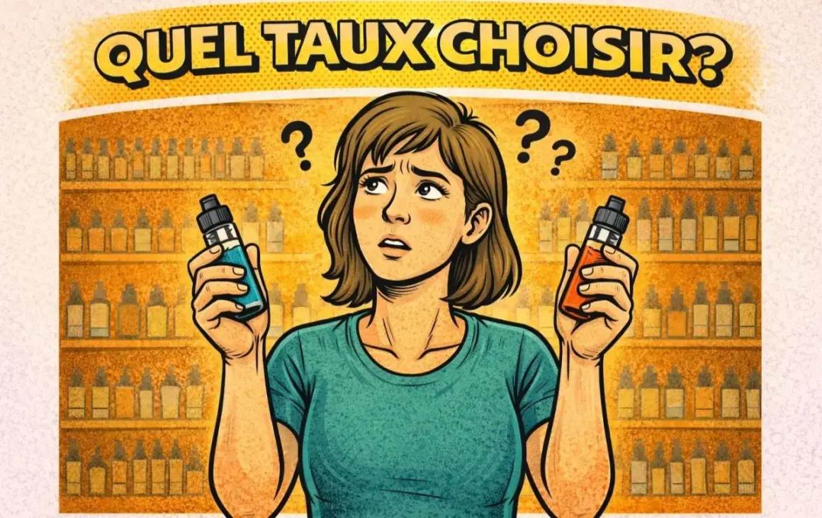 Une femme hésite entre deux flacons d'e-liquide, devant une étagère remplie de bouteilles. Quel taux choisir pour son e liquide famous ?