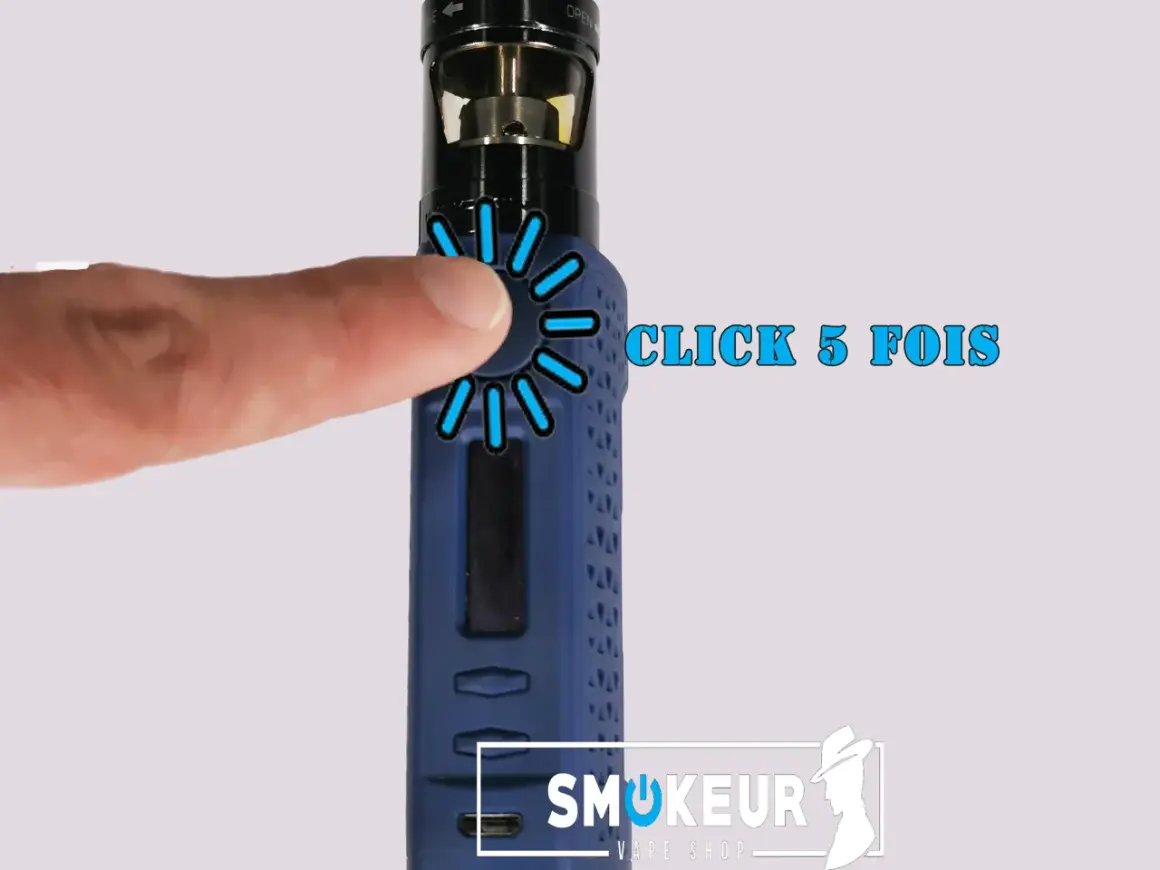 Un doigt appuie sur le bouton d'une cigarette électronique qui s'allume, avec l'indication "CLICK 5 FOIS".