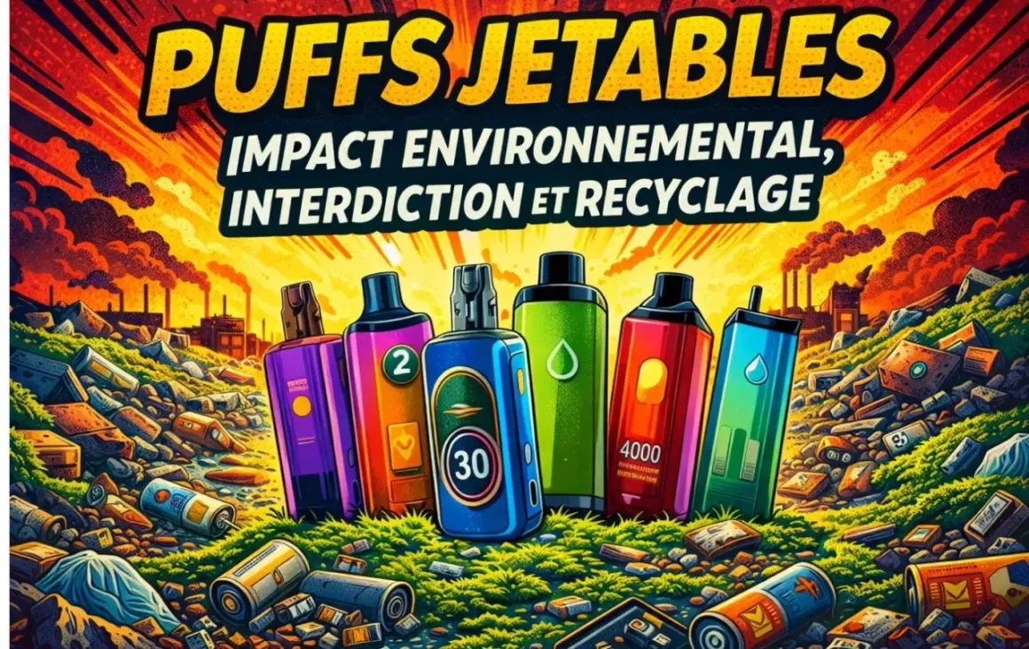 Puffs jetables abandonnés dans un paysage pollué. Une usine crache de la fumée en arrière-plan. Où jeter les puff ?