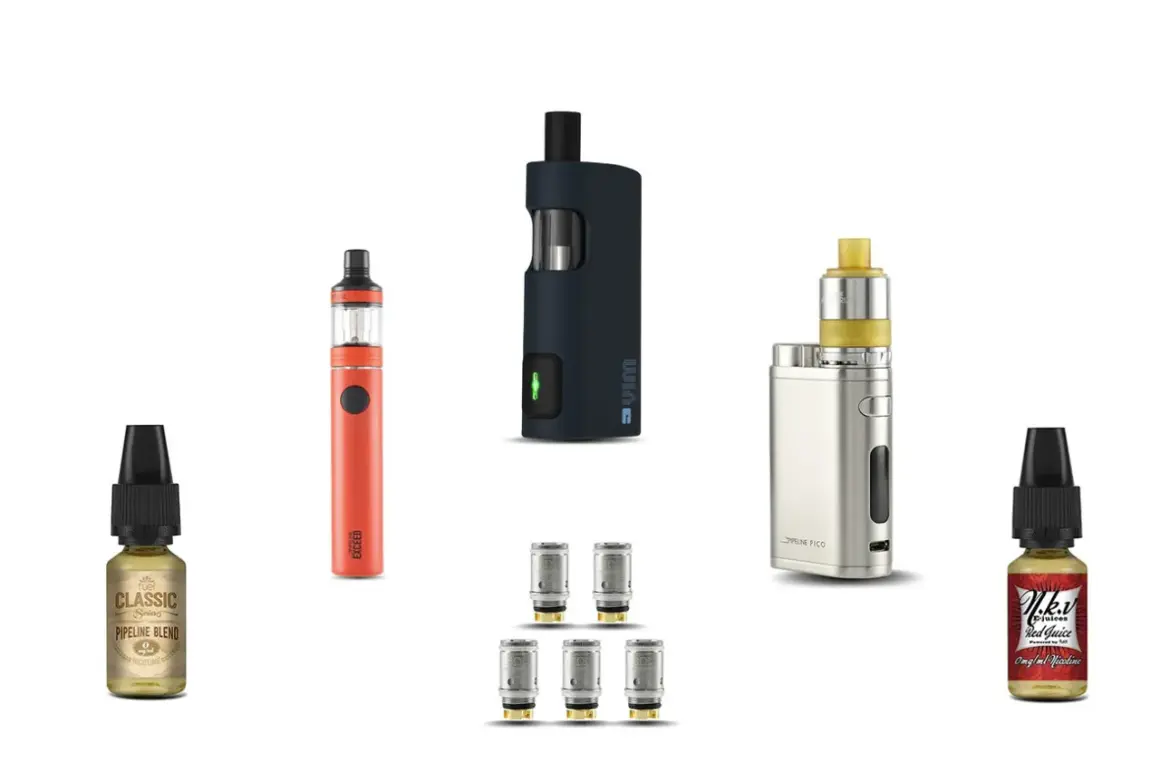 Plusieurs cigarettes électroniques, flacons de e-liquide et résistances. Attention, ma petite vape peut présenter un danger.