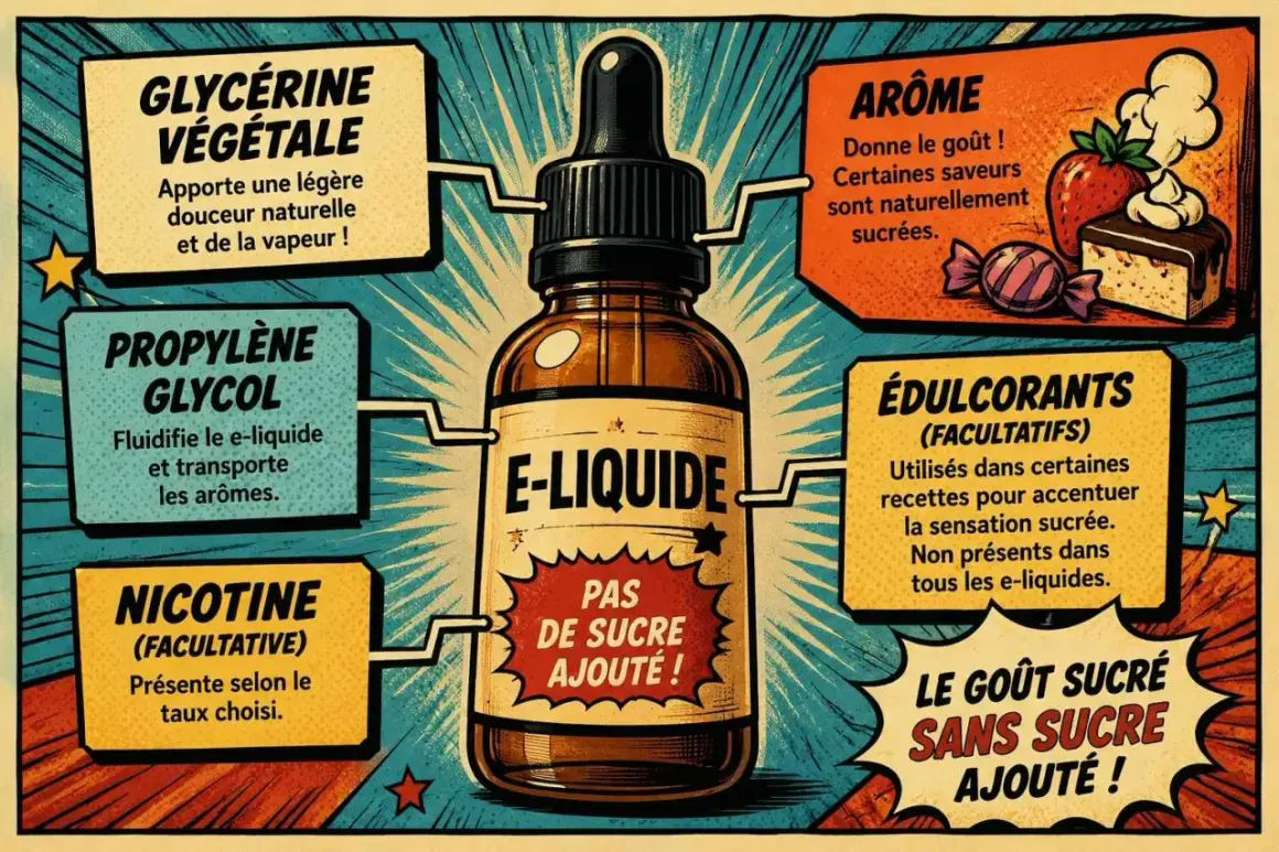 La glycérine végétale apporte douceur et vapeur à l'e-liquide. L'image détaille les composants d'un e-liquide, dont la glycérine.
