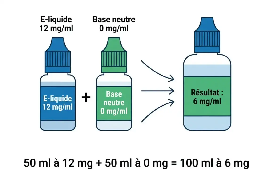 Mélange d'e-liquide 12 mg/ml et de base neutre 0 mg/ml pour obtenir un résultat à 6 mg/ml. Évite l'e-liquide trop fort en nicotine.