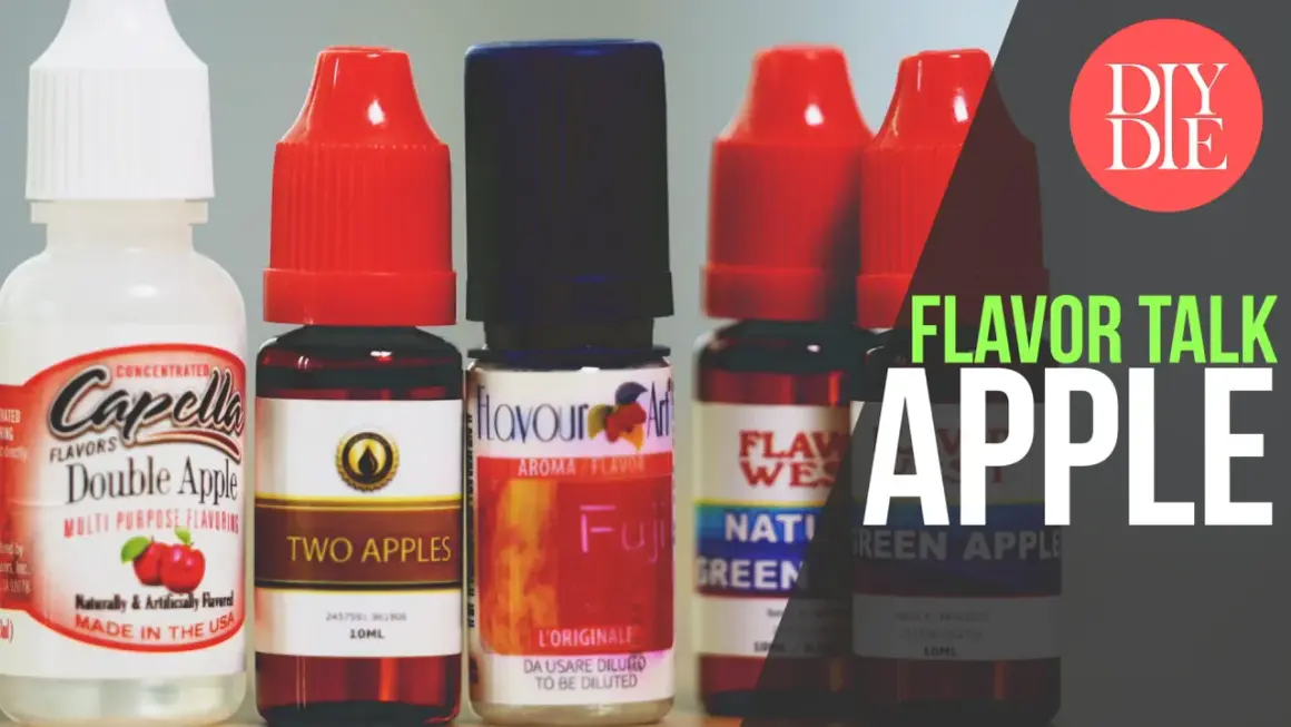 Flacons d'arômes concentrés, dont une bouteille "Double Apple" de Capella. Discussion sur les saveurs de pomme.