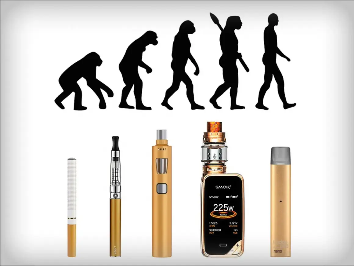 L'évolution de l'homme, du singe à l'homme moderne, est illustrée avec des cigarettes électroniques. Depuis quand existe la cigarette électronique ? L'image suggère une longue histoire.