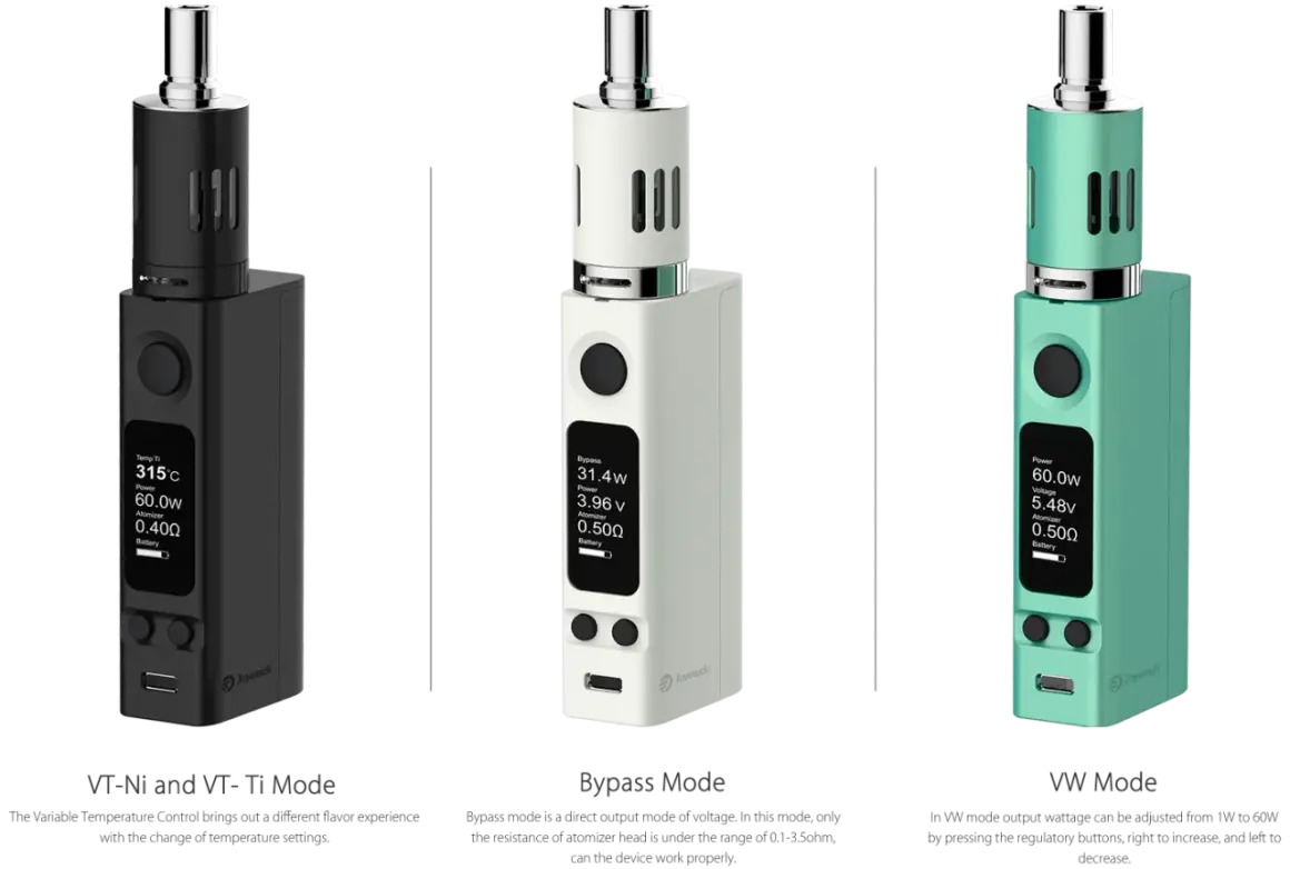 Trois cigarettes électroniques : une noire en mode VT-Ni/Ti, une blanche en mode Bypass, et une verte en mode VW. L'evic offre une expérience personnalisable.