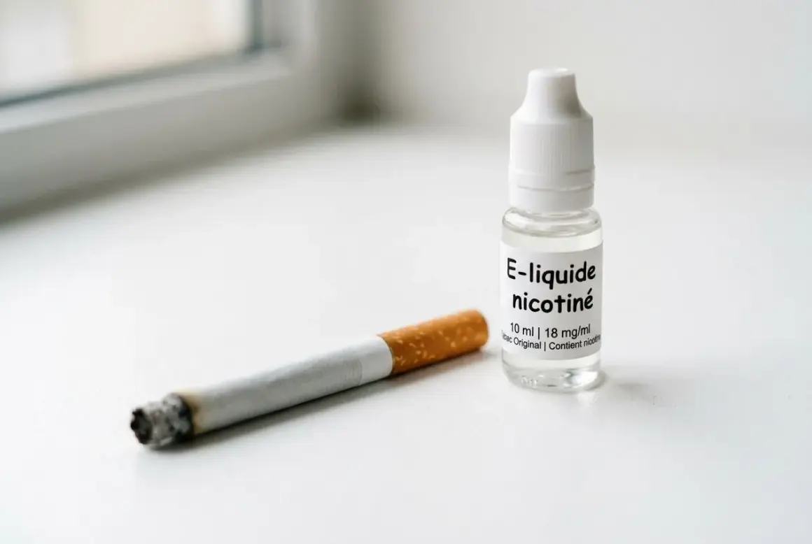 Une cigarette allumée à côté d'une fiole d'e-liquide nicotiné. Le flacon indique "10 ml | 18 mg/ml", suggérant une concentration de 10 mg de nicotine par ml.