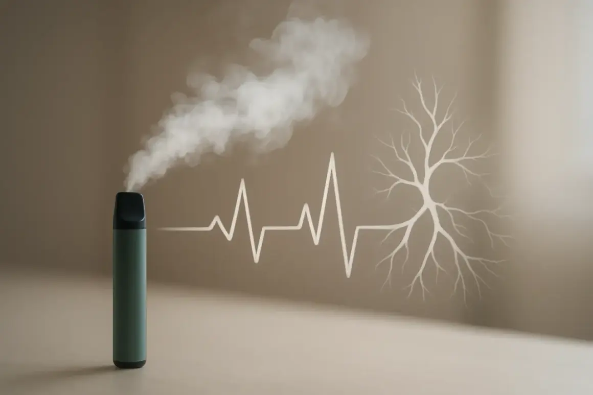 Une cigarette électronique émet de la vapeur, symbolisant une perte de puissance et un impact sur la santé, représenté par un électrocardiogramme et un arbre squelettique.