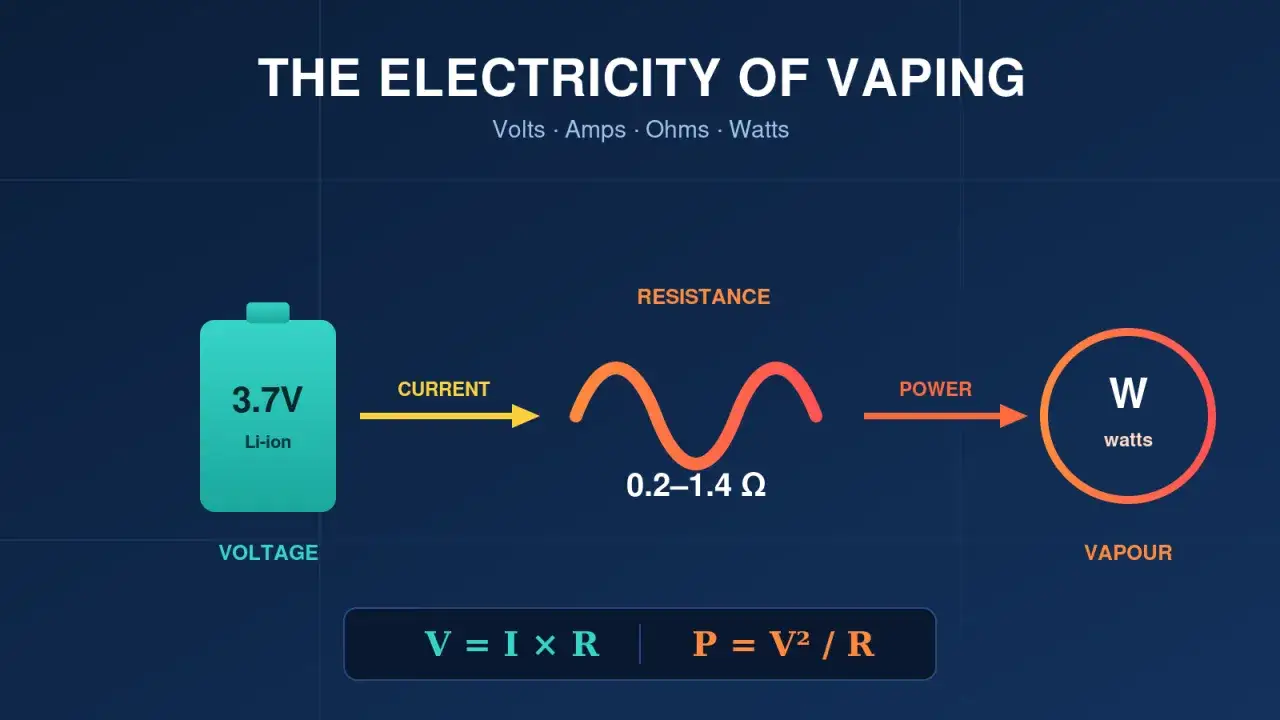 Schéma expliquant la puissance de la vape : une batterie 3.7V génère un courant traversant une résistance de 0.2-1.4 ohm pour produire de la vapeur (watts).