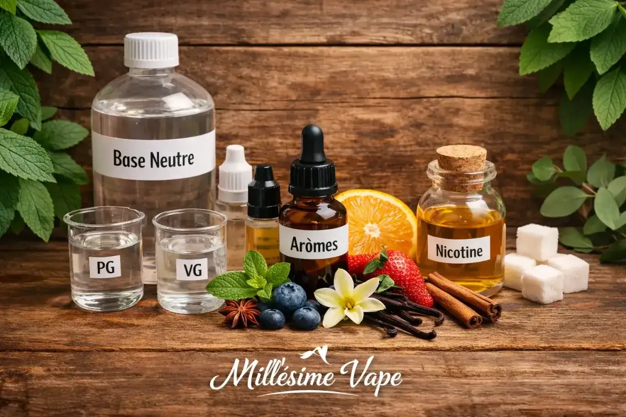 Ingrédients pour ma vape bio : base neutre, arômes fruités et vanille, nicotine, et des touches de sucre.