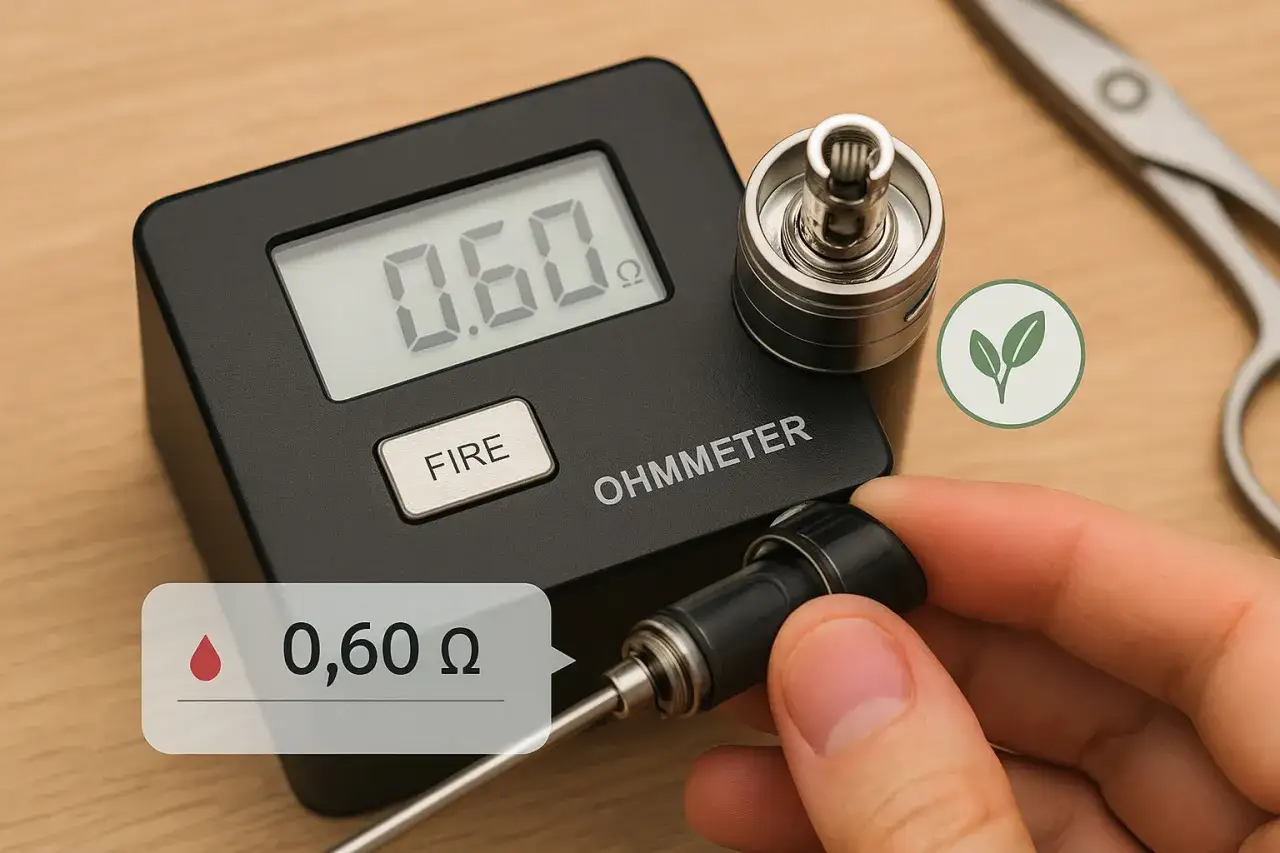 Ohmètre affichant 0,60 Ω, prêt pour la création d'une cigarette électronique DIY. Un atomiseur et des ciseaux sont visibles.