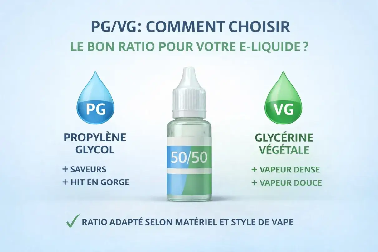 Le PG/VG pour e-liquide : le propylène glycol pour les saveurs et la glycérine végétale pour la vapeur. Le bon ratio dépend de votre matériel.