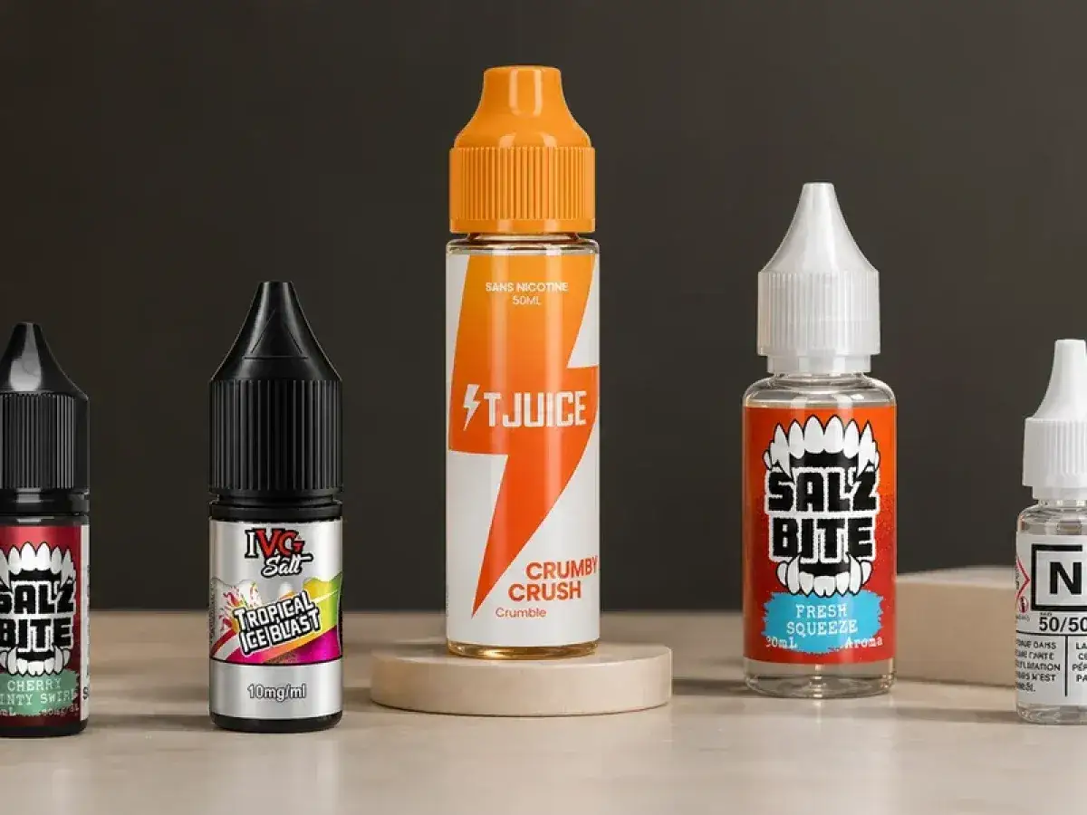 Flacons de e-liquides variés, certains avec des étiquettes