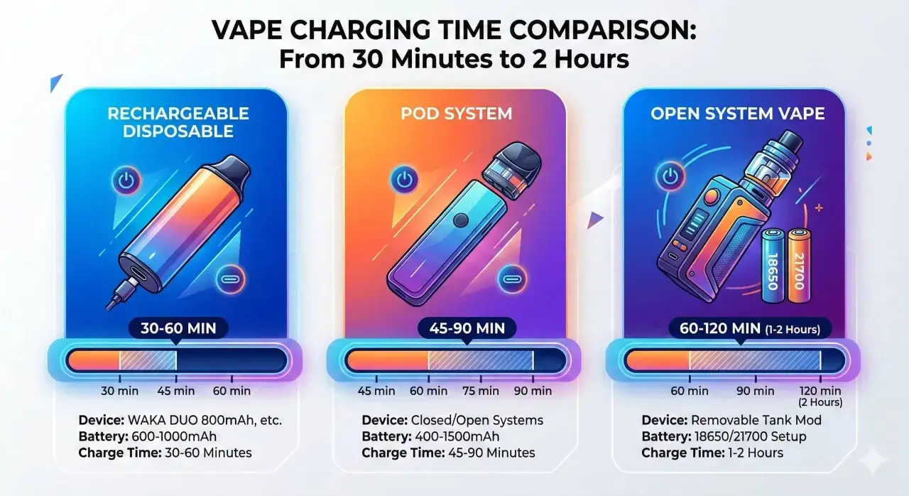 Comparaison du temps de charge cigarette électronique : jetable rechargeable (30-60 min), pod (45-90 min), système ouvert (60-120 min).