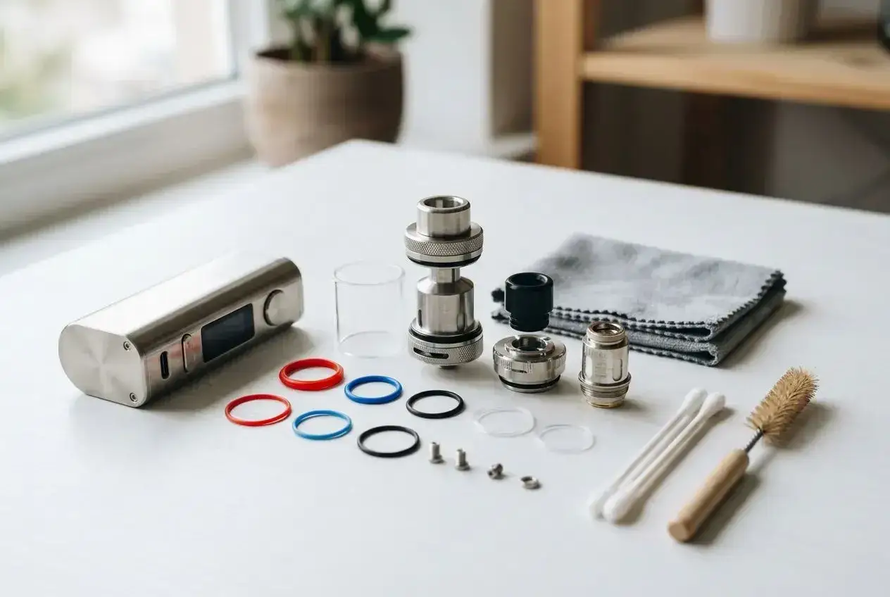 Pièces détachées d'une cigarette électronique, incluant un clearomiseur trop serré, des joints, une résistance et des outils de nettoyage.