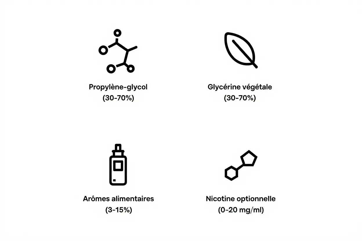 Icônes : formule chimique du pg, feuille, flacon d'arômes, molécule de nicotine. Composition d'un e-liquide.