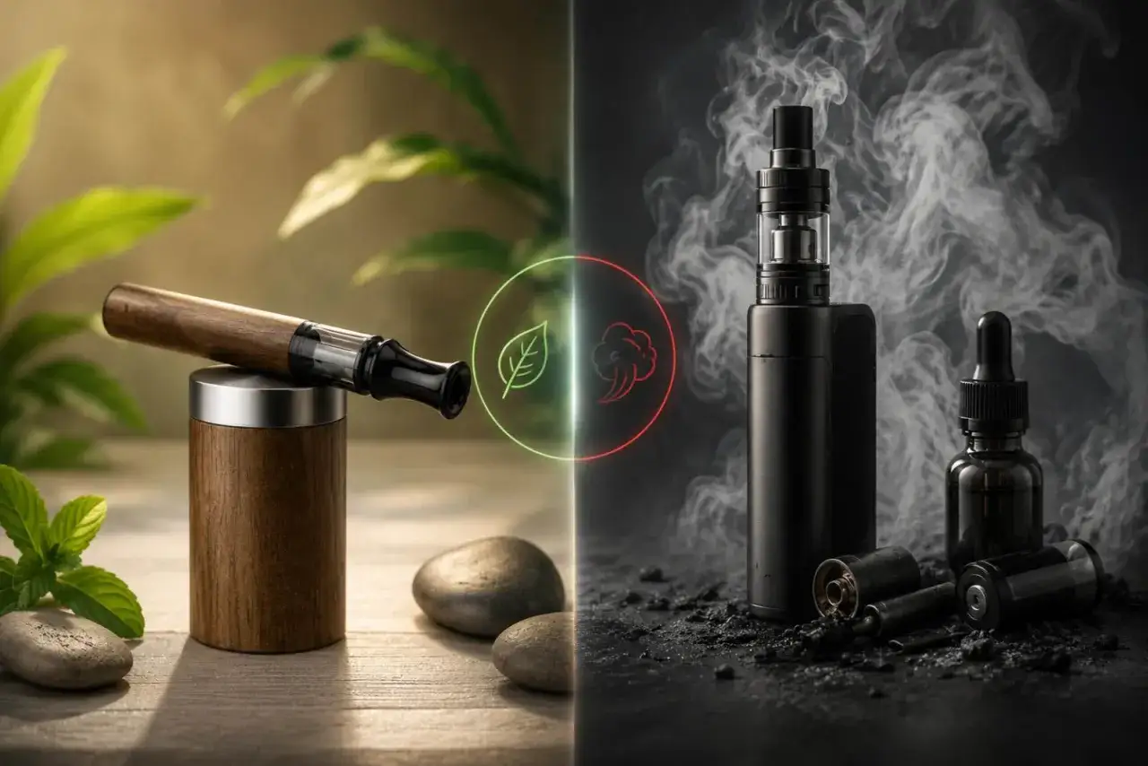 Vape en bois naturel et vape moderne en noir, symbolisant le choix entre la nature et la technologie.