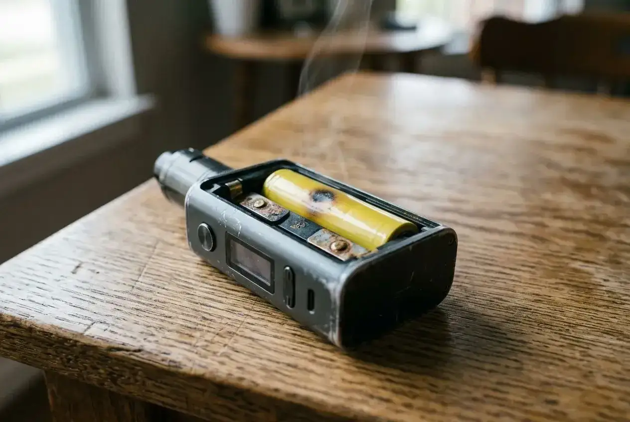 Une cigarette électronique qui chauffe, avec une batterie jaunie et de la fumée s'échappant.