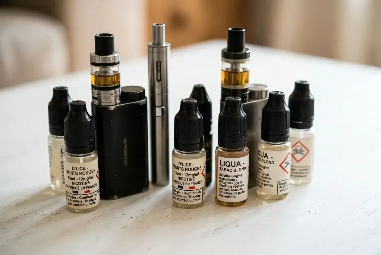Plusieurs cigarettes électroniques et flacons de e-liquide, certains avec une concentration de nicotine élevée, prêts pour une expérience de vapotage.
