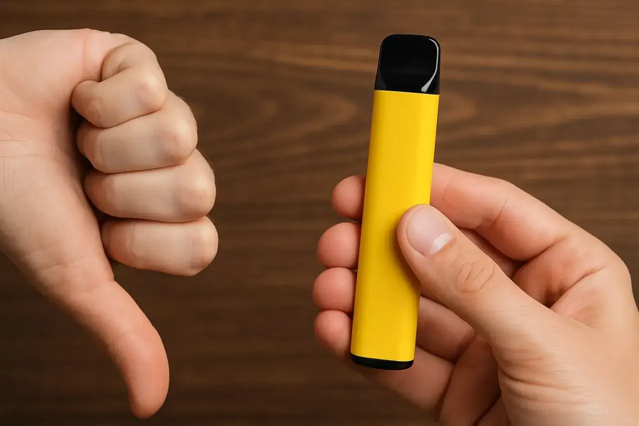 Pouce vers le bas &agrave; c&ocirc;t&eacute; d'une cigarette &eacute;lectronique ronde jaune vif.