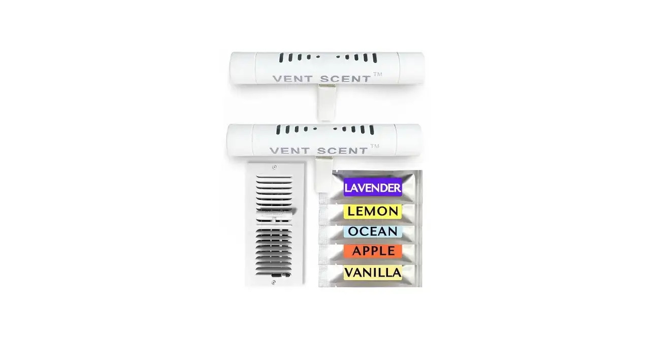 Deux diffuseurs de parfum pour voiture, avec des sachets d'odeurs variées (lavande, citron, océan, pomme, vanille) pour masquer l'odeur de cigarette électronique à l'intérieur.