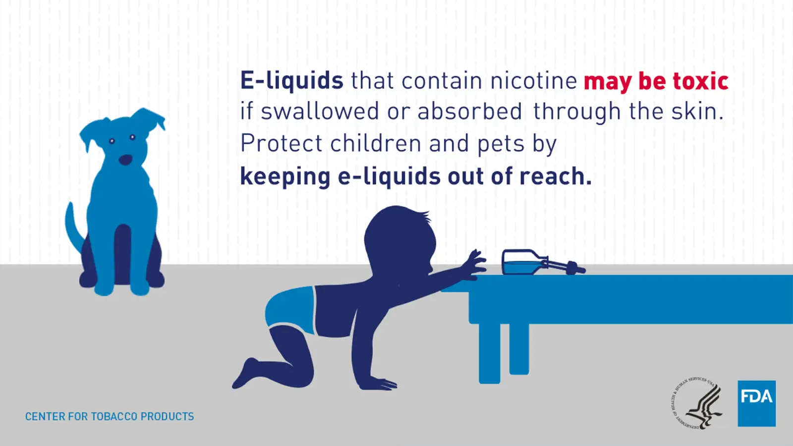 Un enfant rampe vers une bouteille de liquide pour vape bio, un chien bleu regarde. Les e-liquides sont toxiques.
