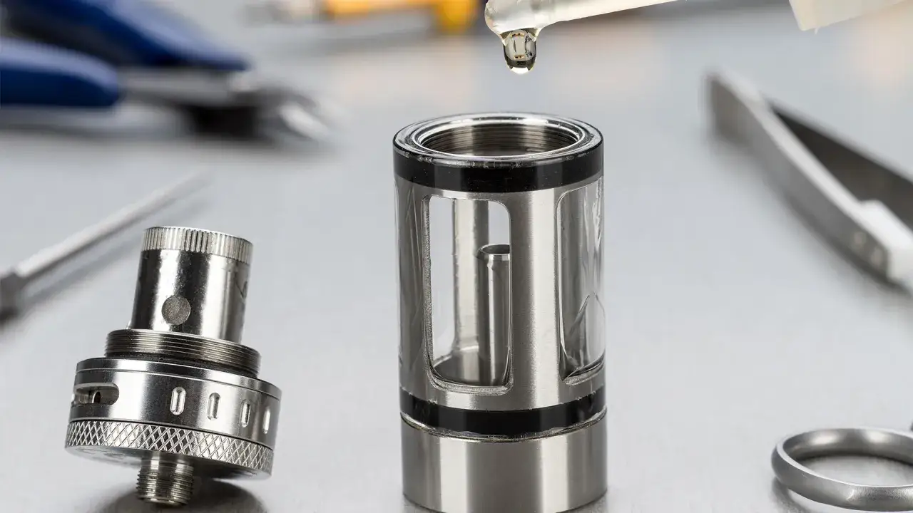 Goutte d'e-liquide tombant dans un atomiseur, prêt à amorcer la résistance. Outils de vapotage en arrière-plan.