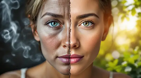 Visage divisé : d'un côté, la peau marquée par la fumée d'une cigarette électronique ; de l'autre, une peau radieuse sous le soleil.