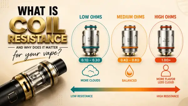 Pour une résistance 0,3 ohm, combien de watts ? L'image montre que les résistances basses (0.1Ω-0.3Ω) produisent plus de vapeur.