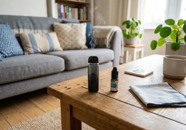 Une cigarette électronique dégage de la vapeur dans un salon confortable. L'odeur de menthe fraîche flotte dans l'air, près d'une tasse de café.