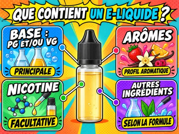 La glycérine végétale (VG) est une base principale des e-liquides, aux côtés du PG. Elle est souvent associée aux arômes et autres ingrédients.