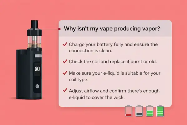 Vape Voopoo à faible puissance, vérifiez la batterie, la résistance et le liquide pour plus de vapeur.