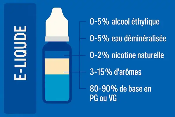 Composition d'e-liquide : 80-90% de propylène glycol (PG) ou glycérine végétale (VG), arômes, nicotine, eau, alcool.