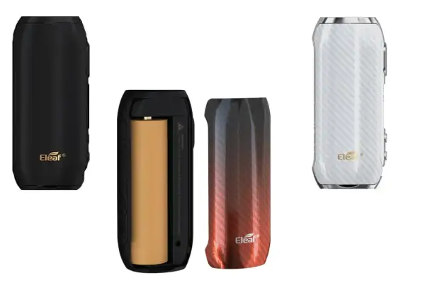 Trois box Eleaf iStick Rim : une noire, une ouverte montrant une batterie, et une blanche à motif carbone.