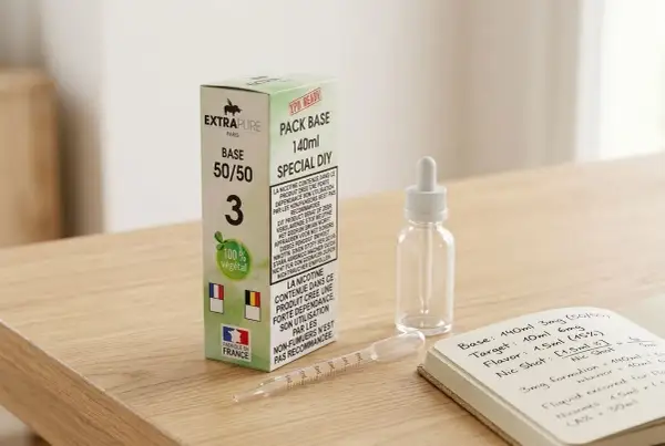 Base de e-liquide 140ml 50/50 avec 3mg de nicotine. Est-ce beaucoup ? La boîte indique "100% végétal".