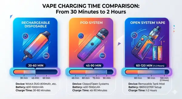 Comparaison du temps de charge cigarette électronique : jetable rechargeable (30-60 min), pod (45-90 min), et système ouvert (60-120 min).