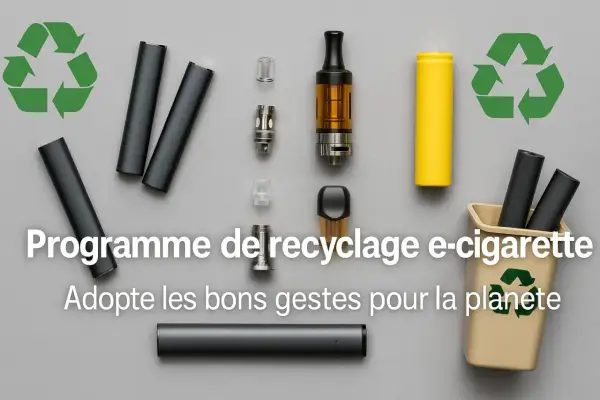 Programme de recyclage e-cigarette : adoptez les bons gestes pour la planète. Des composants de vapoteuses sont disposés autour d'un symbole de recyclage.