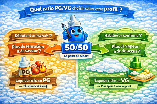Un guide pour choisir le ratio PG/VG. Le PG offre sensation et saveur, le VG vapeur et douceur. Le 50/50 est le point de départ.