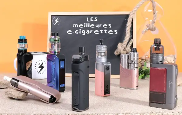 Une sélection de cigarettes électroniques légères et stylées, aux couleurs vives et aux designs variés, présentées sur un fond orange.