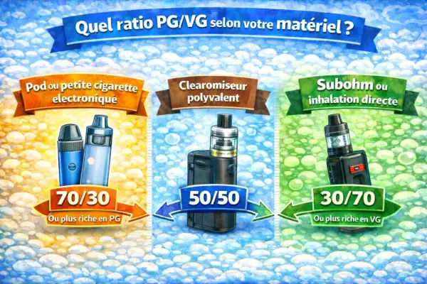 Guide des ratios PG/VG pour vapoteuses : 70/30 pour pods, 50/50 pour clearomiseurs polyvalents, 30/70 pour inhalation directe.