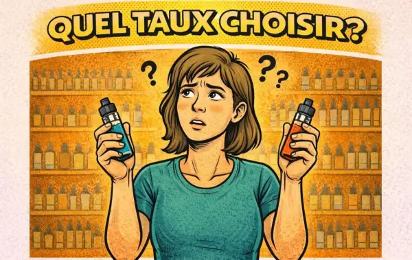 Une femme hésite entre deux flacons d'e-liquide, devant une étagère remplie de bouteilles. Quel taux choisir pour son e liquide famous ?
