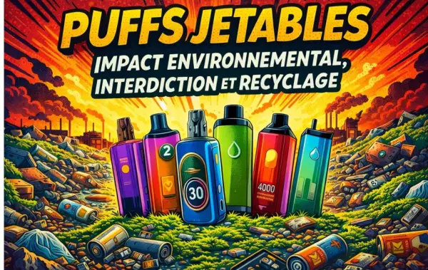 Puffs jetables abandonnés dans un paysage pollué. Une usine crache de la fumée en arrière-plan. Où jeter les puff ?