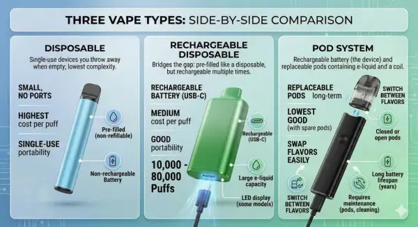 Comparaison de trois types de aio vape : jetable, rechargeable jetable et système à pods.