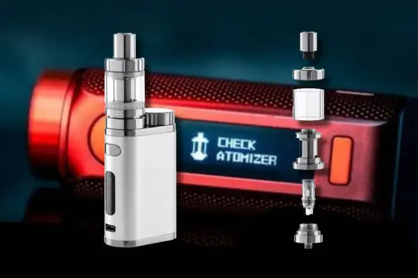 Vape Eleaf blanc avec message "CHECK ATOMIZER". Pièces détachées de l'atomiseur en exposition.
