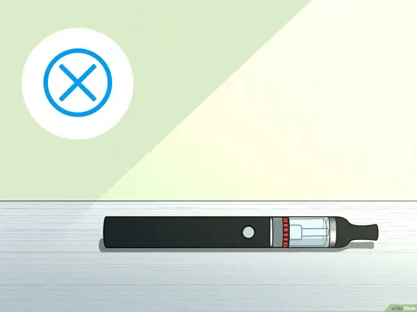 Une cigarette électronique noire est posée sur une surface. Un cercle blanc avec une croix bleue indique que le vuse clignote 3 fois, signalant un problème.