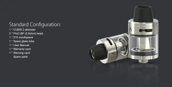 Clearomiseur Cubis 2 de Joyetech, avec sa résistance ProC-BF 0.6ohm et son drip tip noir.