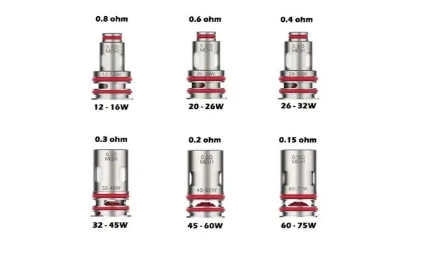 Résistances Vaporesso : 0.8, 0.6, 0.4, 0.3, 0.2, 0.15 ohm. La durée de vie dépend de l'usage et de la puissance.