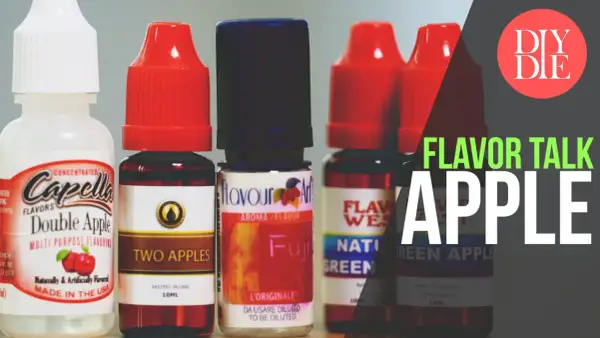 Flacons d'arômes concentrés, dont une bouteille "Double Apple" de Capella. Discussion sur les saveurs de pomme.